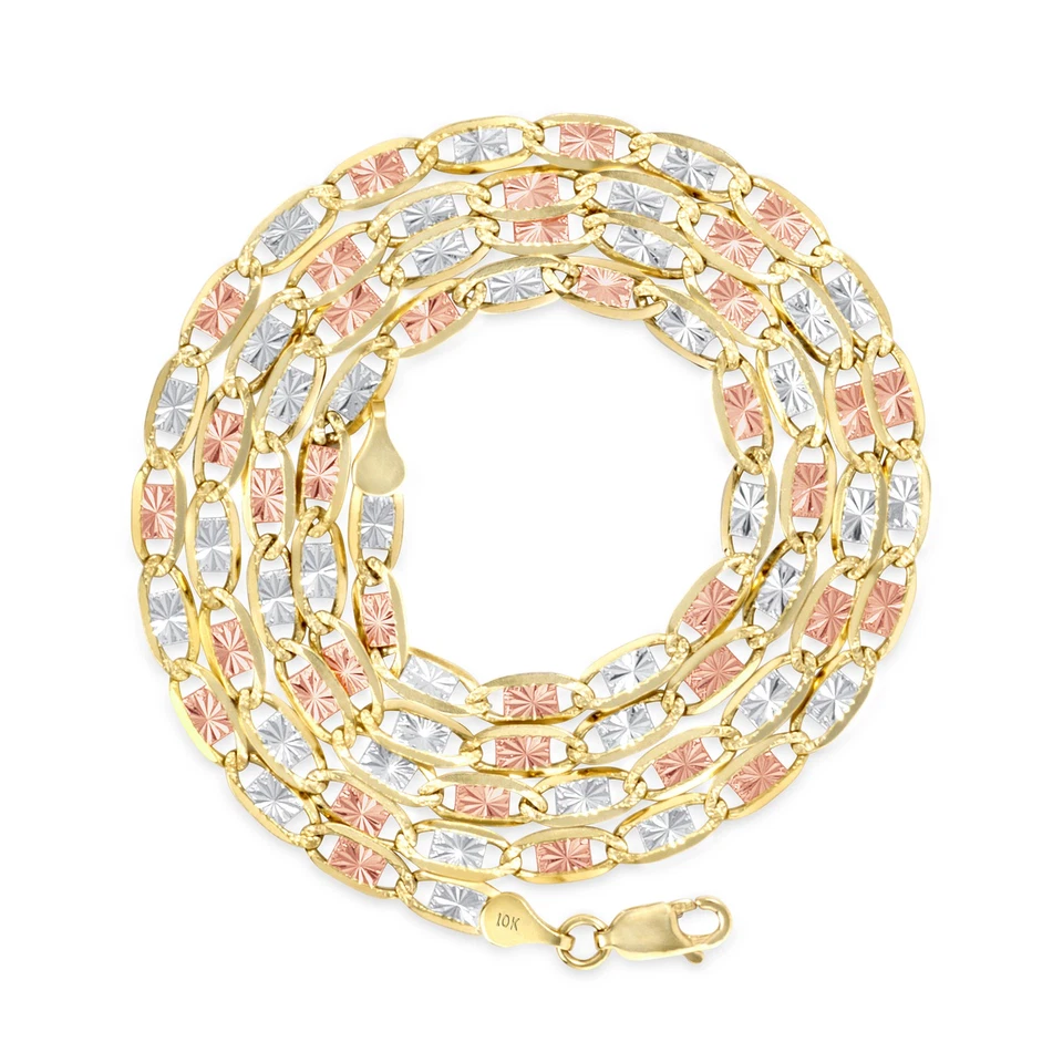 10K Solid Tri-Color Yellow Rose White Gold 4mm Valentino Chain Bracelet 7" 8" 9" - Image 2 of 4