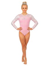 GK Elite VTG Pink Holographic LS Princess Pink Velvet Leotard Snowflake Bling AS