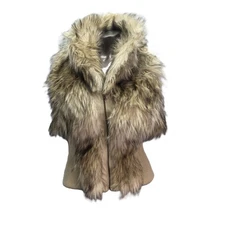 New Look Faux fur Vest Women's Beige Rib Knit Stretchy Elastic Waist Zip - Large