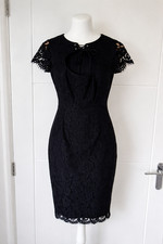 Myleene Klass Black Lace Pencil Dress UK 10 Keyhole Tie Cap Sleeve Midi B2