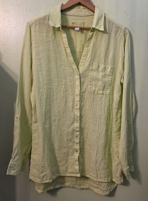  100% Linen Sigrid Olsen Shirt L Button Up Long Sleeve Roll-Tab Lt Green Coastal