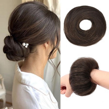 Messy Bun Hair Piece Human Hair Dark Brown Wavy Curly Fluffy Donut Updo Ponytail