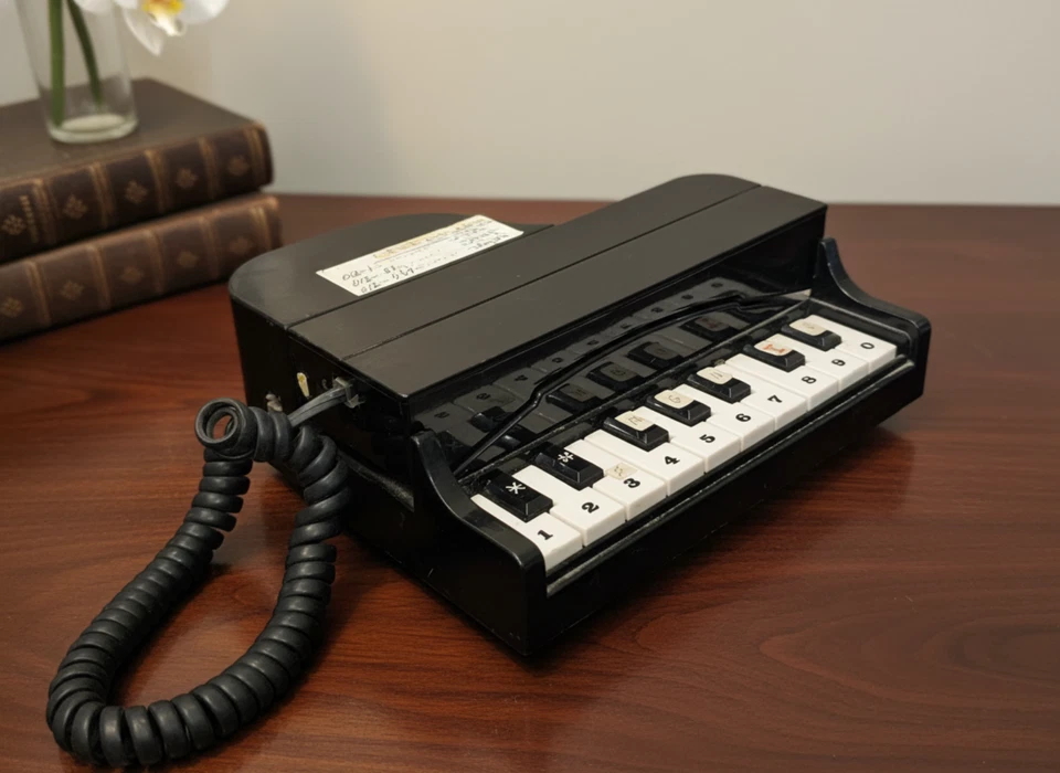 RARE COLUMBIA GRAND PIANO NOVELTY TELEPHONE 80s VINTAGE BLACK KEYBOARD PHONE - Image 2 of 4