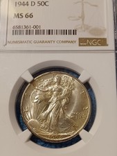 1944D Walking Liberty mezzo dollaro NGC MS66 originale completo di lucentezza