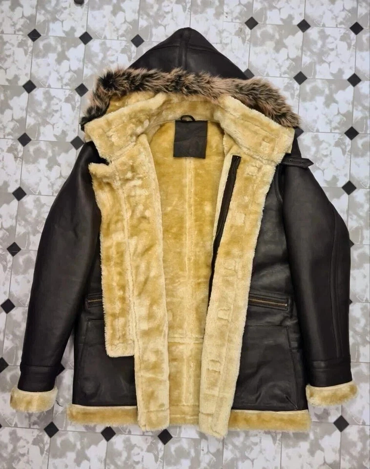 Men's B7 Flying Parka Shearling Brown Sheepskin RAF Aviator Leather Coat Jacket