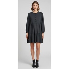 GAP Women's Puff Sleeve Tiered Dress Size L Button Front Mini Black Goth Witchy