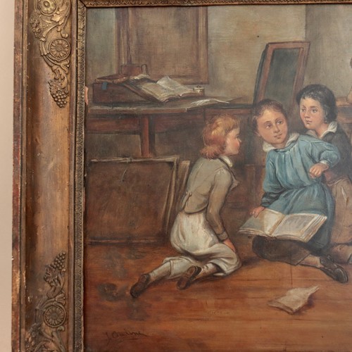 Antikes französisches Schulgemälde Kinder spielen Schüler Klassenzimmer Genre Volkskunst - Bild 14 von 24