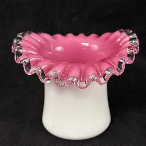 Fenton Peach Crest Milk Glass Top Hat Vase Ruffled Edge 3.5" Pink White