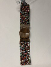 Vintage 80's Beaded Boho Belt Stretchy 3" Wide Southwest Wood Clasp Festival