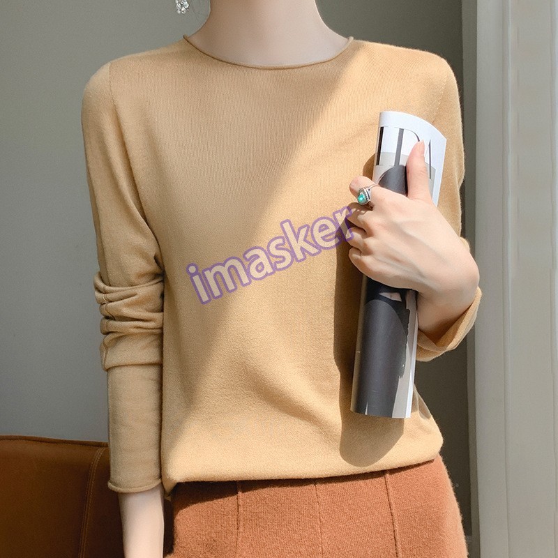 Pure Wool Knitted Women's Round Neck Pullover Loose Long-sleeved Sweater Tops