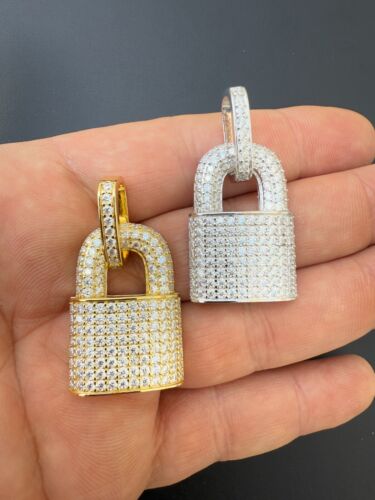 MOISSANITE Iced Lock Hip Hop Pendant Real 925 Silver / 14k Gold Necklace - Picture 10 of 24