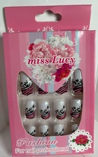Miss Lucy Fashion Nails 12p Set FULL KIT white base pink & black tip detail