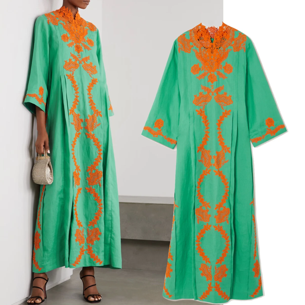 ROBE GUCCI VERT AQUA LIN LONG CAFTAN AVEC DENTELLE FLEURIE ORANGE 4 taille 38 2