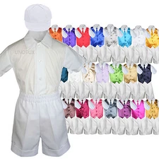 Boy Toddler Formal Vest  Suit Satin Vest Necktie White Shorts & Hat 5PC Set