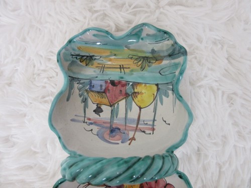 Majolica Pottery Handled Candy Dish Hand Painted Tin Glazed Serving Relish Bon - Picture 6 of 10