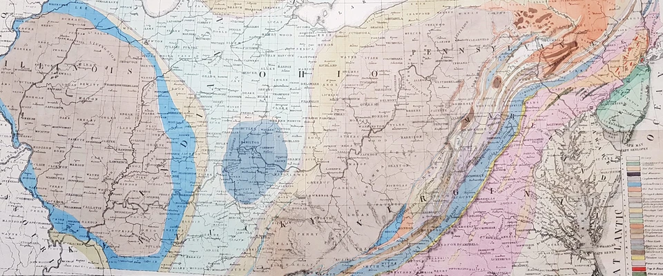 Mapa geológico antiguo grande de James Hall de 1843 de los Estados Americanos, Grandes Lagos Foto 3 de 4