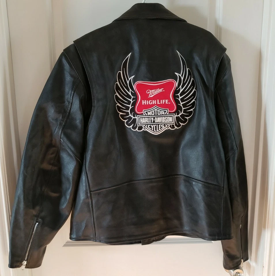 Chaqueta 48 Harley Davidson Miller Lite Cerveza Motociclista Cuero Motocicleta Raro Logo Foto 2 de 4