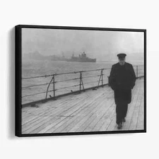 Winston Churchill Smoking Cigar On Ship Deck WW2 Canvas Print Wall Art