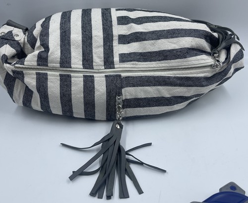 Milloo Women's Handbag White Gray Striped Tassel Adjustable Strap Shoulder Bag - Picture 6 of 14