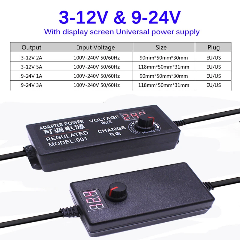 AC to DC3-12V 9-24V Adjustable Regulated Adapter Power Supply Adapter EU/US Plug - Image 3 of 4