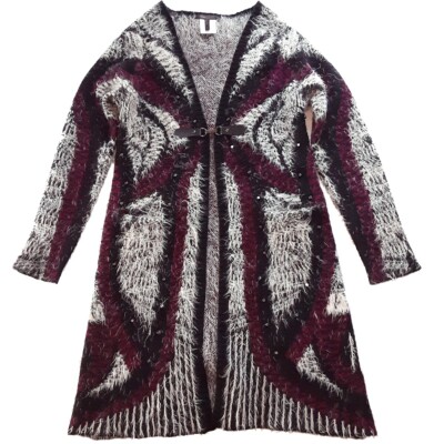 BCBGMAXAZRIA Size S, Long Black Wine Furry Knit Tribal Boho Long Sleeve Coatigan