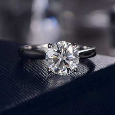 Solitaire Moissanite Engagement Ring Round Cut 2 Carat Solid 14k White Gold VVS1