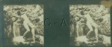 Org Antique B/W Real Photo- Double Stereoscope- Nude Woman Sits By Waterfall