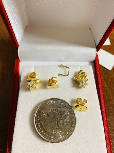 14K 585 14C Fine Saudi Yellow Gold Gold w/ Real Diamond Earring 4.11G 8mm Wide - Picture 3 of 12