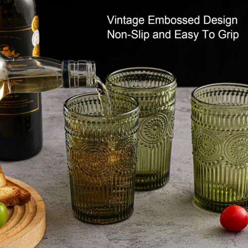Vintage Glassware Drinking Glasses Set Of 613 Oz Green Textured Flower Design Gl - Picture 7 of 7