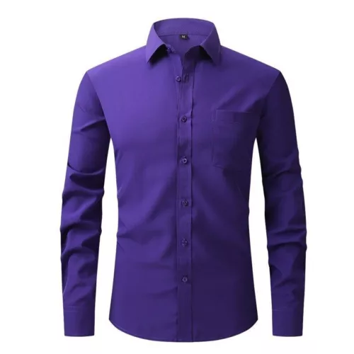 Men's Stretch Slim Fit Button Up Long Sleeve Solid Color Dress Shirt Formal Tops - Picture 16 of 39