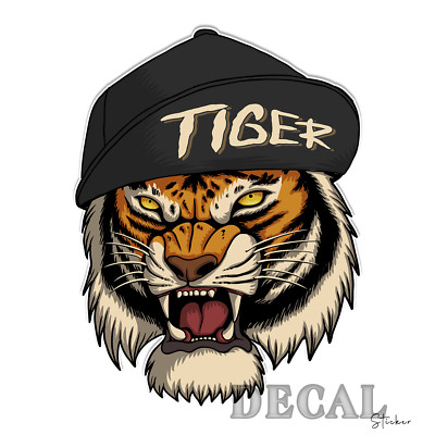 Angry Tiger Wearing Cap Vinyl Decal Sticker Indoor Outdoor 4 Sizes