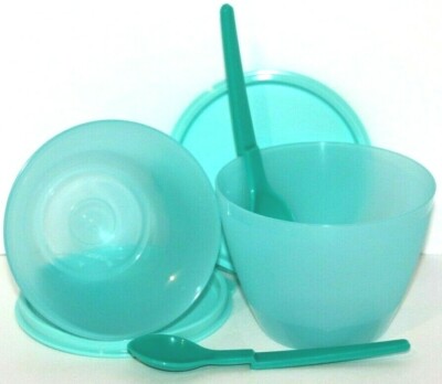 Tupperware Refrigerator Bowls & Hang-On Spoons Set of 2 Fridge 14 oz. Aruba Blue