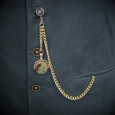 Gold Plated Pocket Watch Albert Chain with Red Onyx & Dragon Blood Spinner