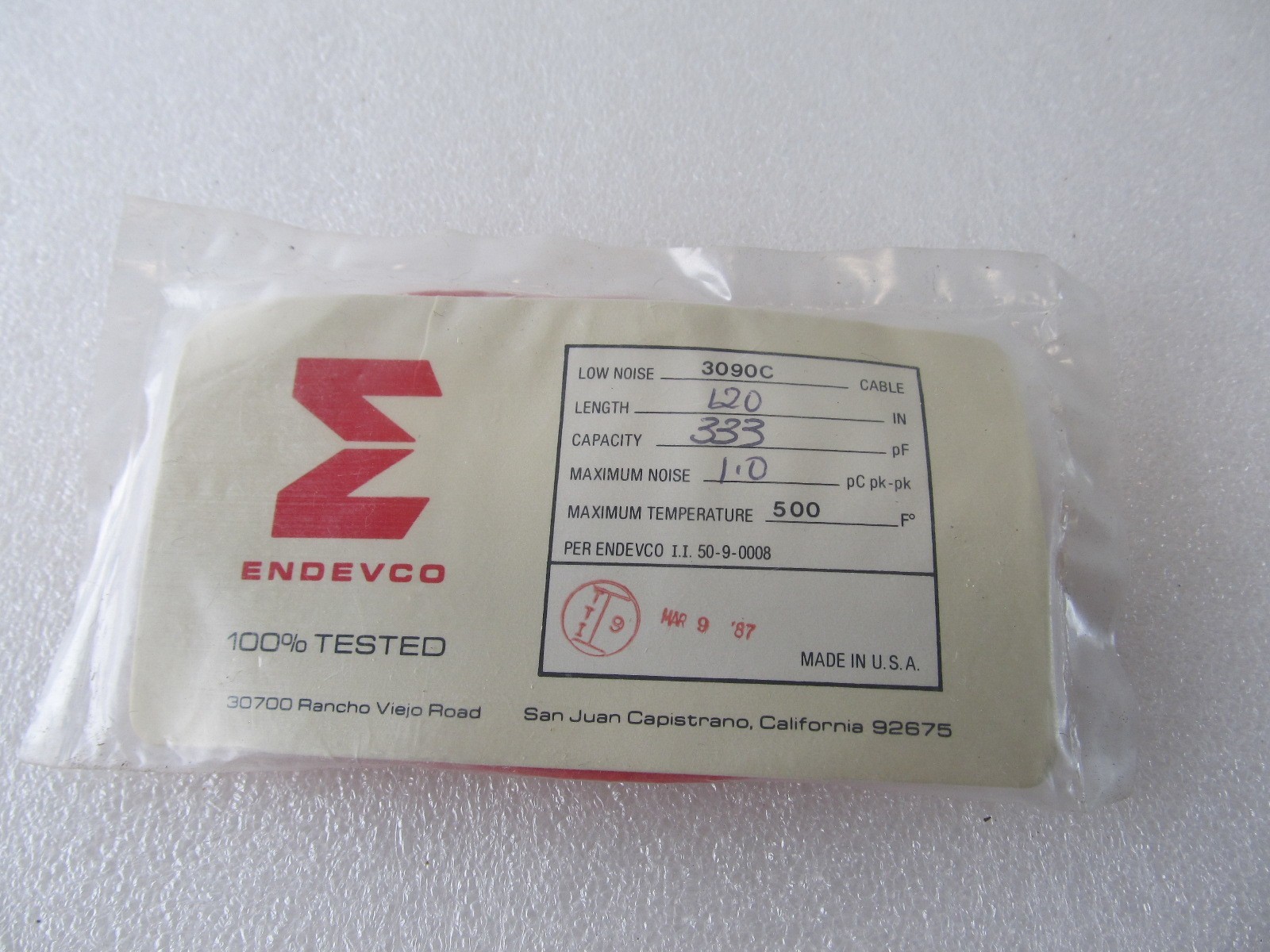 Endevco Low Noise Coaxial Cable 3090C 120 Inch Long NEW