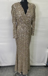 NEW Women's Mac Duggal Gold Sequin Puffer Sleeve Gown Dress Size 12