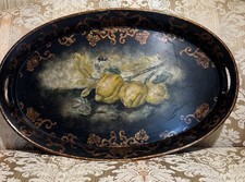 Castilian Imports Peacock Large Oval Wood Tray Hand Painted Fruit Bumble Bee