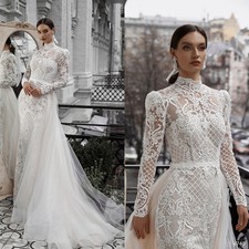 Vintage Mermaid Wedding Dresses Women High Collar Long Sleeves Lace Bridal Gown