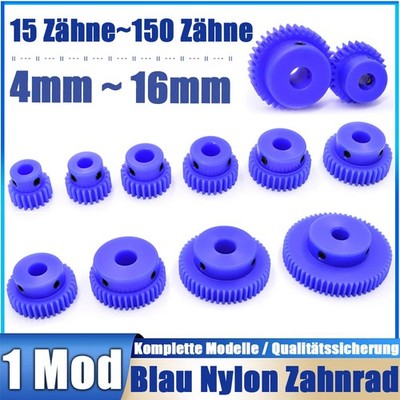 Blau Nylon 1 Modulus Zahnrad Stirnrad mit Nabe, 15-150 Zähne, 4mm-16mm Bohrung
