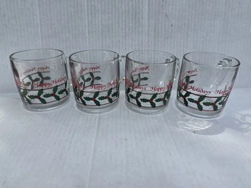 Set 4 Libbey Clear Glass Christmas Happy Holiday Coffee Mugs Cups Holly