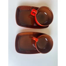 Frankoma Pottery Cup and Snack Plate Set, Red Brown Mid Century Modern