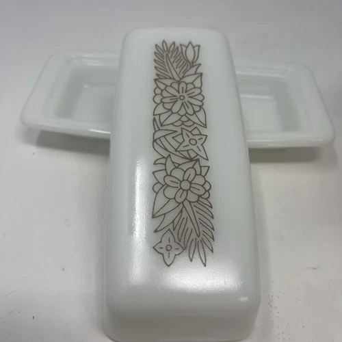 Vintage Pyrex Woodland Butter Dish Lid 72 B Milk Glass Brown White