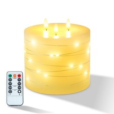 3 Wick Extra Large Flameless Candles Timer Remote String Light Table Decor