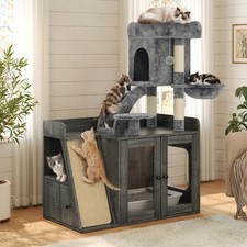 Litter Box Enclosure with Cat Tree,Hidden Litter Box with LED Light and Storage