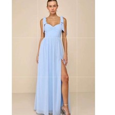 Lulus full length dress light blue S sleeveless slit straps bows formal party