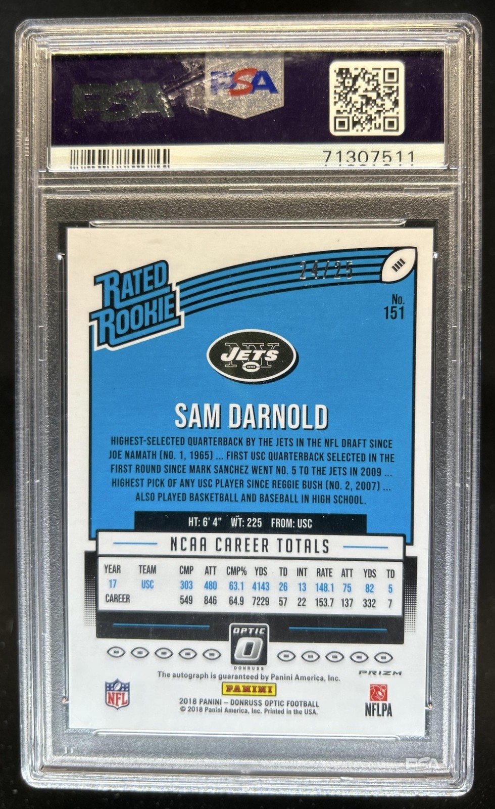 2018 Donruss Optic Sam Darnold Rated Rookie Auto Prizm Black Velocity #/25 PSA 9 view 2