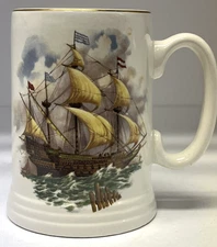 Vintage Lord Nelson Pottery Tall Ship Boat Mug Cup Stein Gold Rim Nautical