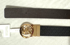 NWT Michael Kors Gold Tone MK Logo Buckle Black Brown Reversible Belt Size L