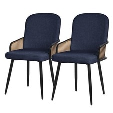 Chaises salle à manger tissu bleu foncé accoudoirs en rotin pieds métal lot de 2