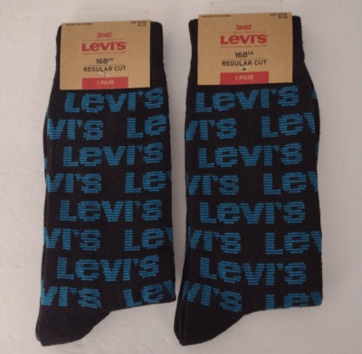 2 Pairs Levi's Socks Mens Regular Cut US Size 8-12 Spell Out Black and Blue New