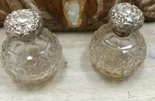English M Bros. Sterling Cut Crystal Perfume Bottles Set Art Deco Mint Set Of 2